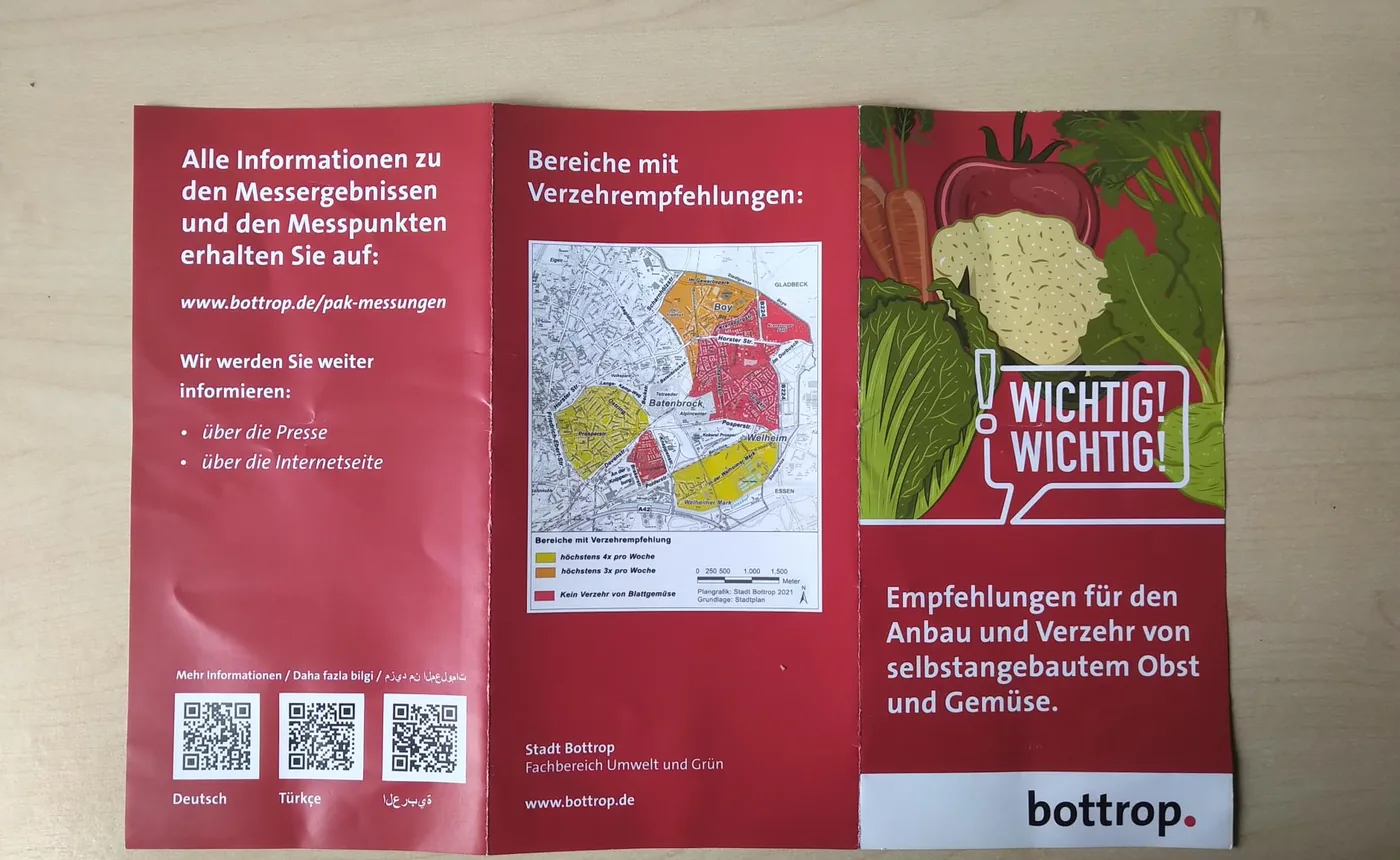 Faltblatt der Stadt Bottrop „Wichtig! Wichtig! Empfehlungen für den Anbau und Verzehr von selbstangebautem Obst und Gemüse“ mit einer Karte der Bereiche mit Verzehrempfehlungen