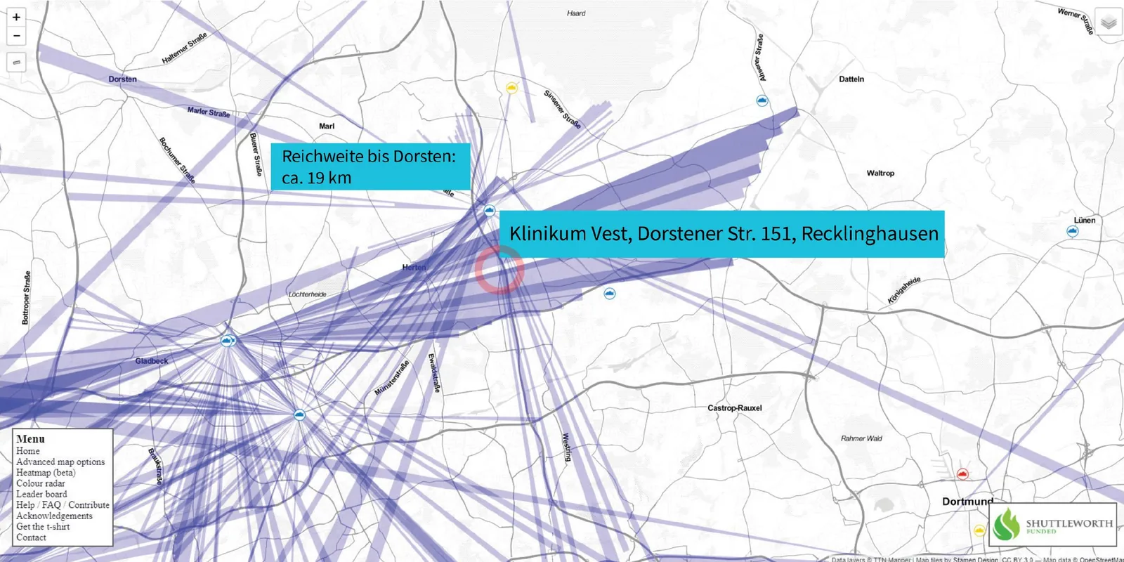 Karte des TTN Mappers mit den Funkverbindungen des Gateways am Klinikum Vest in Recklinghausen; die Reichweite bis Dorsten beträgt etwa 19 km