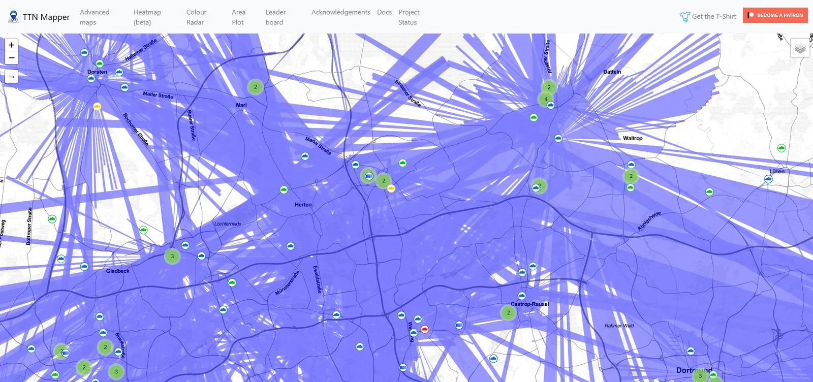 Karte des TTN Mappers für September 2021: Die Funkverbindungen überdecken die Region zwischen Dorsten, Datteln, Gladbeck und Castrop-Rauxel fast vollständig
