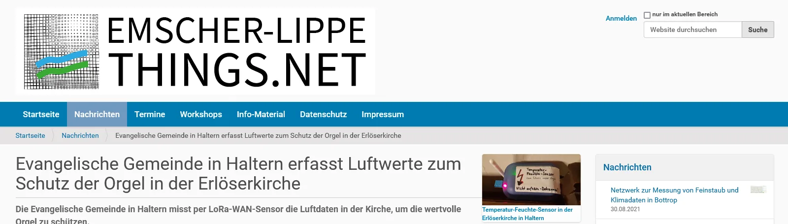 Kopfbereich der Projektwebsite Emscher-Lippe-Things.net mit Navigation und dem Beitrag „Evangelische Gemeinde in Haltern erfasst Luftwerte zum Schutz der Orgel in der Erlöserkirche“