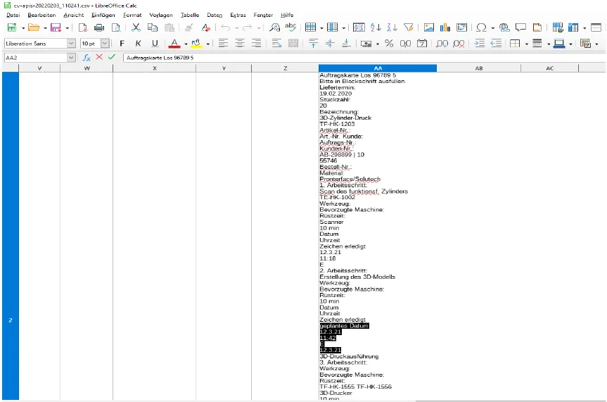 CSV-Extrakt in LibreOffice Calc – hervorgehoben: die handschriftlichen Einträge zum 2. Arbeitsschritt. CSV-Ergebnis in LibreOffice Calc: erkannter Text der Arbeitskarte, die handschriftlichen Werte des zweiten Arbeitsschritts sind hervorgehoben