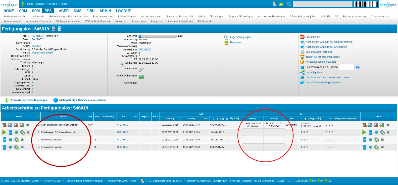 Fertigungslos im ERP-System – die markierten Ist-Spalten werden aus den erkannten Rückmeldungen befüllt. Quelle: Transfact Fertigungslos im ERP-System mit vier Arbeitsschritten; markiert sind die Schrittbezeichnungen und die Ist-Spalten für An- und Abmeldung