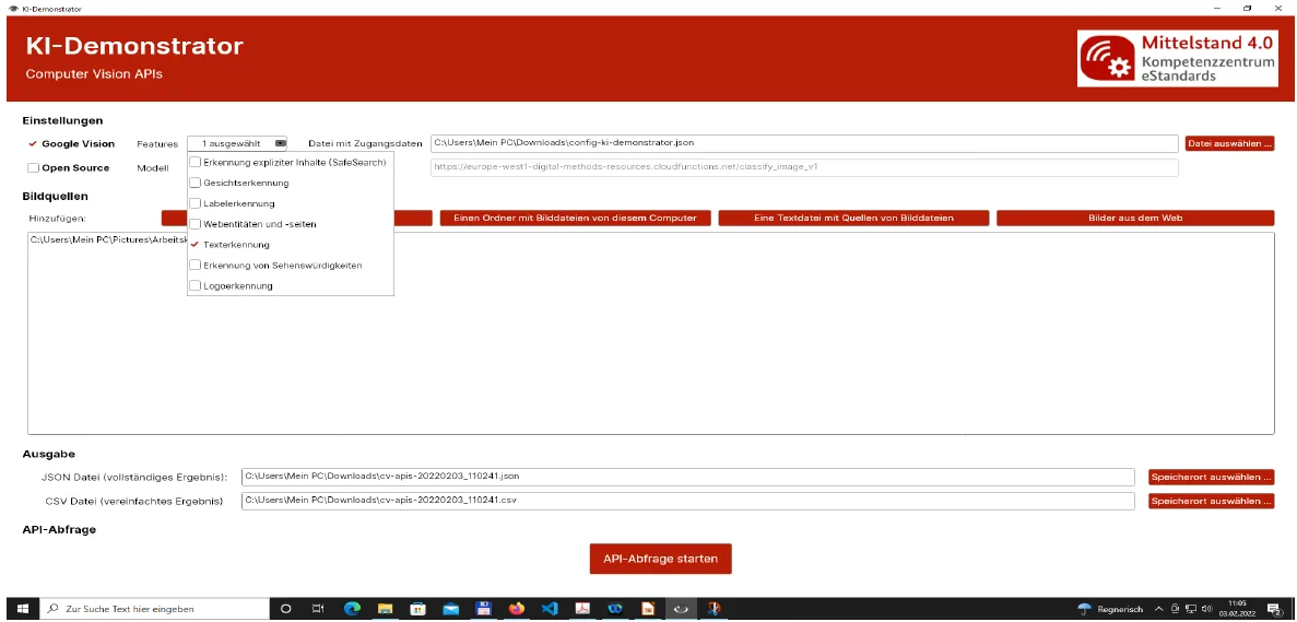 Die Oberfläche des KI-Demonstrators: Google Vision mit dem Feature „Texterkennung“. Oberfläche des KI-Demonstrators mit aktivierter Google-Vision-Texterkennung, Bildquellen und Ausgabedateien